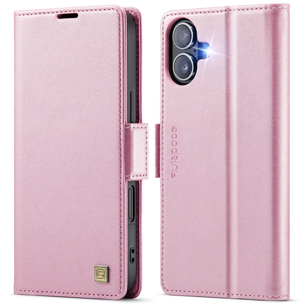 AUTSPACE For iPhone 16 Plus Case  A11 RFID Blocking Retro Leather Cell Phone Wallet Cover - Pink - 1