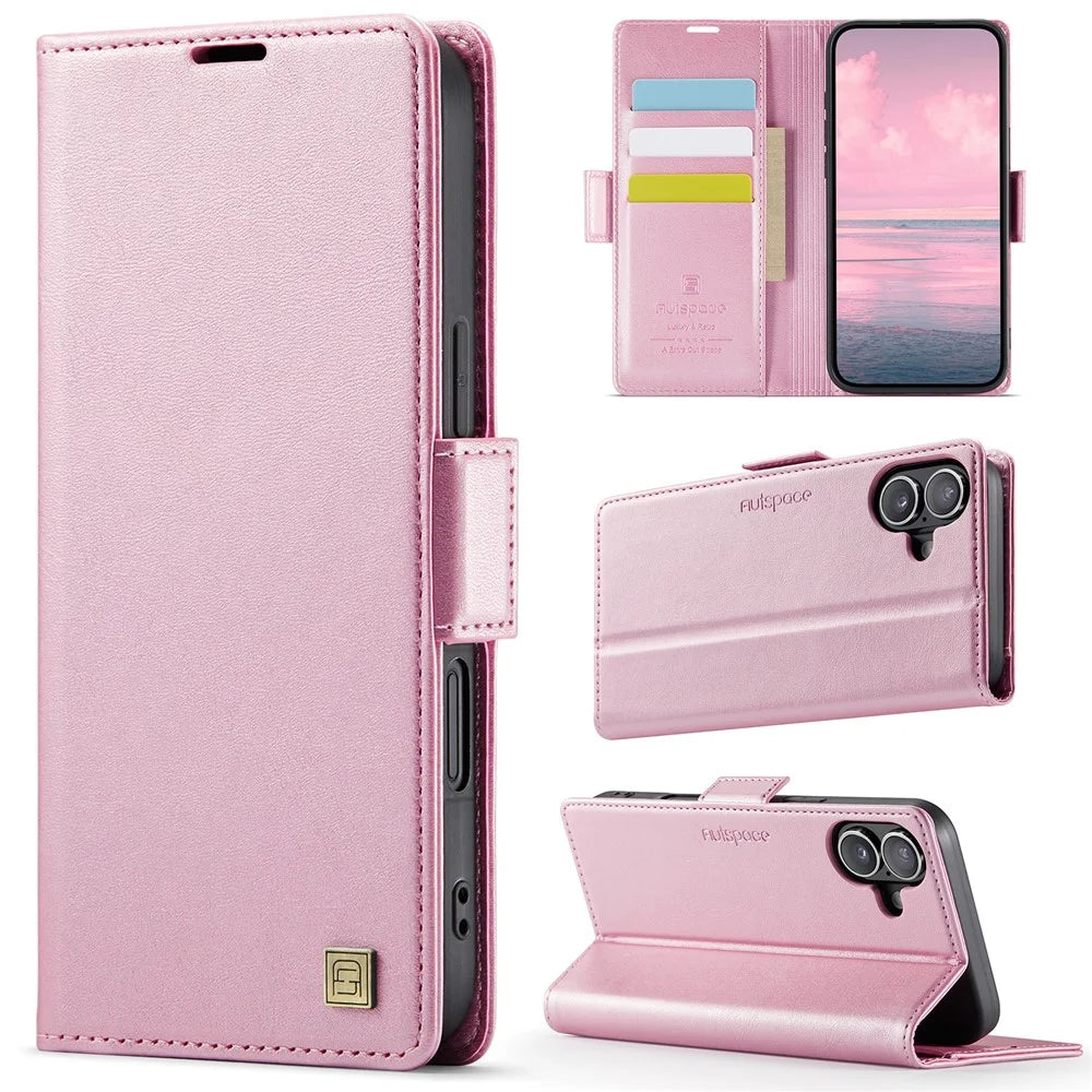 AUTSPACE For iPhone 16 Plus Case  A11 RFID Blocking Retro Leather Cell Phone Wallet Cover - Pink - 2
