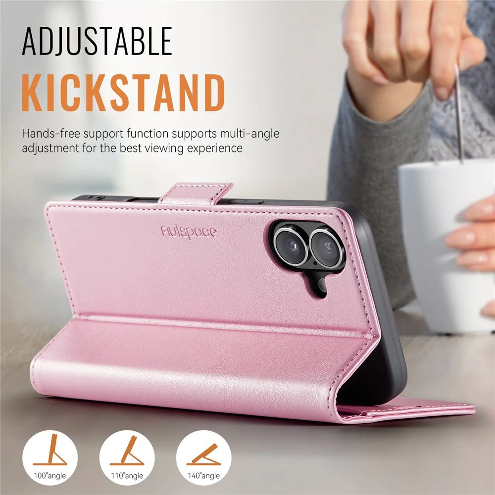 AUTSPACE For iPhone 16 Plus Case  A11 RFID Blocking Retro Leather Cell Phone Wallet Cover - Pink - 3