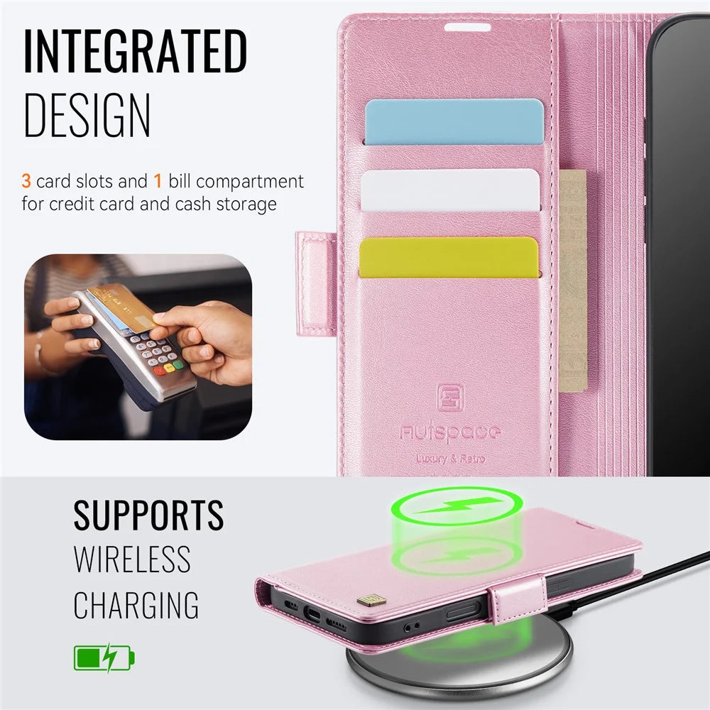 AUTSPACE For iPhone 16 Plus Case  A11 RFID Blocking Retro Leather Cell Phone Wallet Cover - Pink - 5