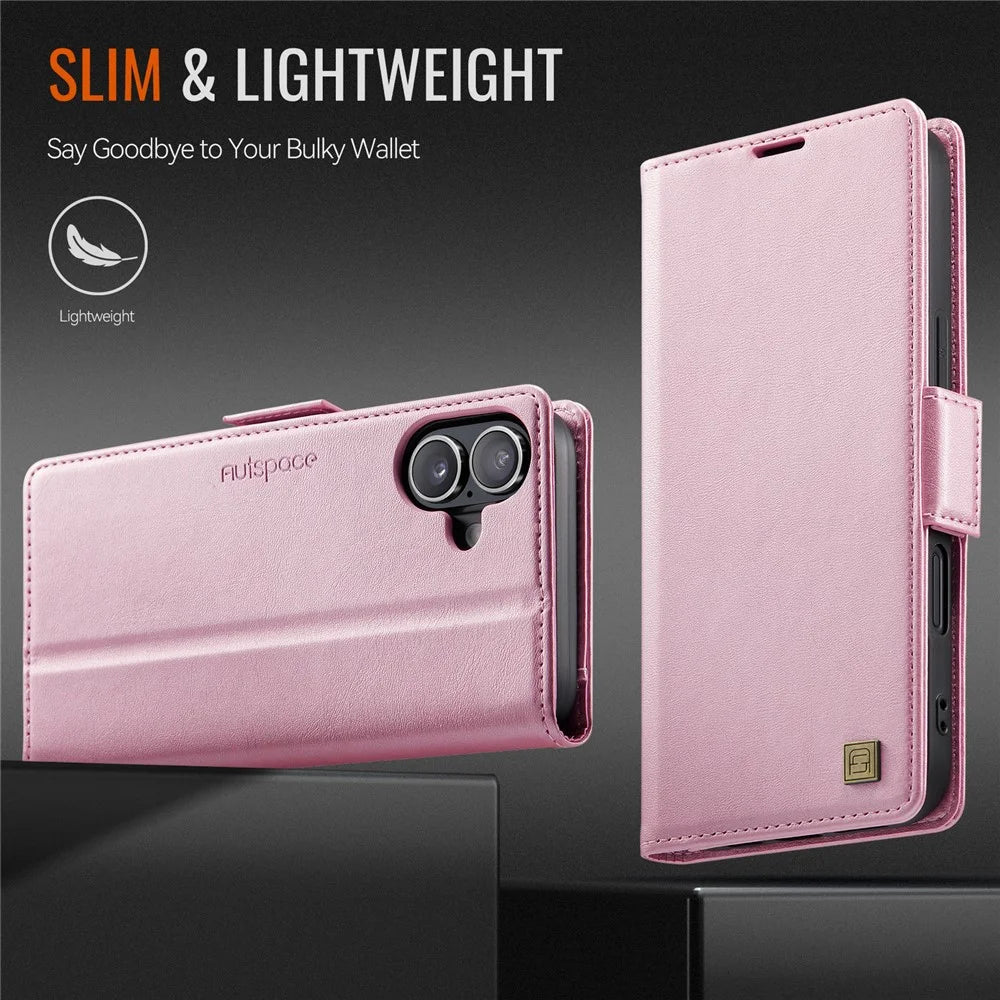 AUTSPACE For iPhone 16 Plus Case  A11 RFID Blocking Retro Leather Cell Phone Wallet Cover - Pink - 7