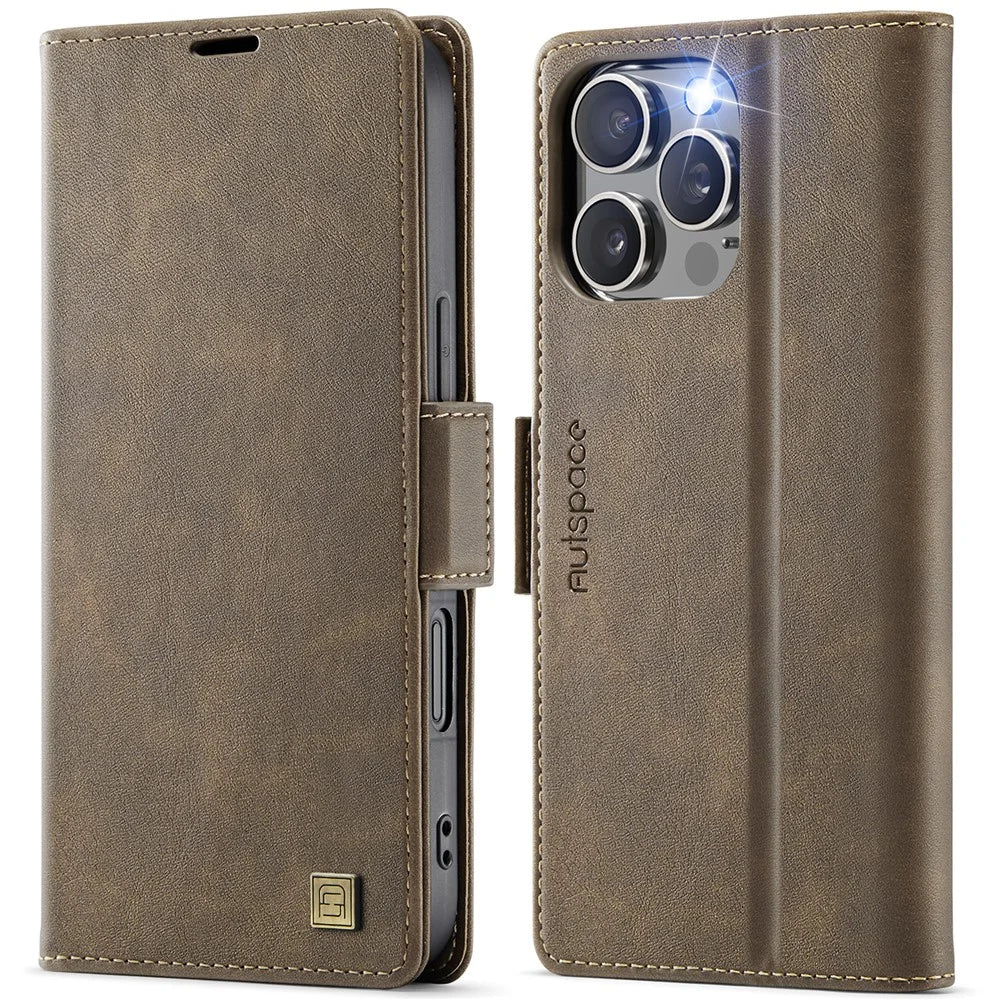 AUTSPACE For iPhone 16 Pro Max Case  A11 RFID Blocking Retro Leather Cell Phone Wallet Cover - Brown - 1