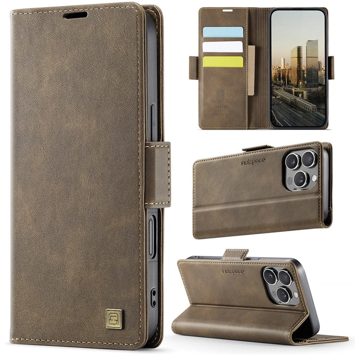 AUTSPACE For iPhone 16 Pro Max Case  A11 RFID Blocking Retro Leather Cell Phone Wallet Cover - Brown - 2