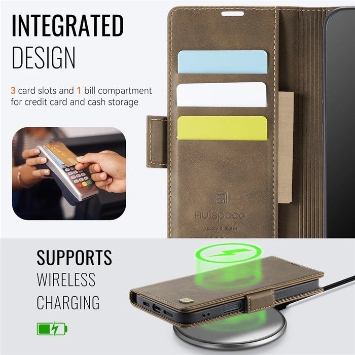 AUTSPACE For iPhone 16 Pro Max Case  A11 RFID Blocking Retro Leather Cell Phone Wallet Cover - Brown - 5