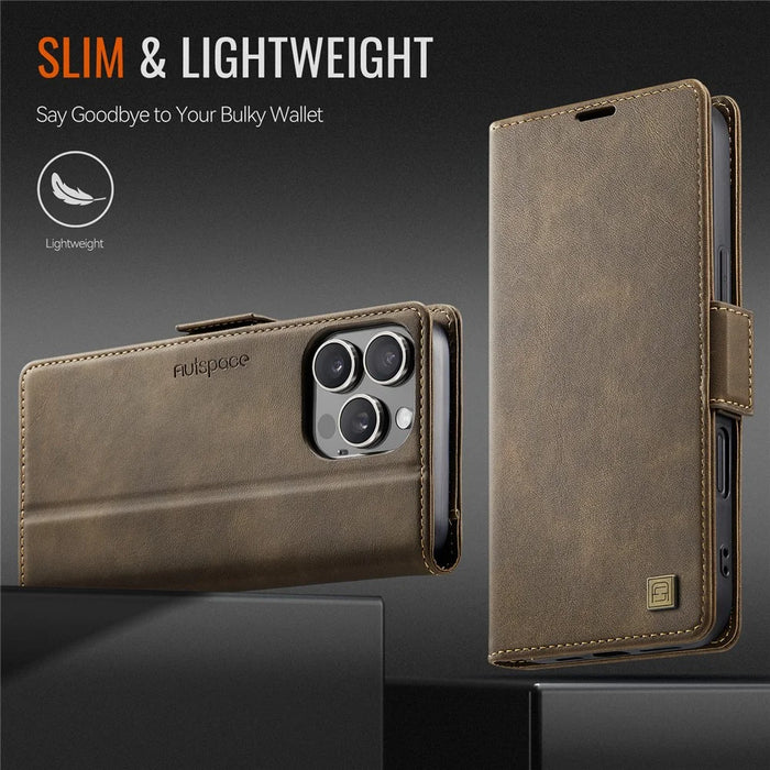 AUTSPACE For iPhone 16 Pro Max Case  A11 RFID Blocking Retro Leather Cell Phone Wallet Cover - Brown - 7