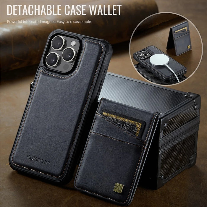 AUTSPACE For iPhone 14 Pro Max Case  A12 Leather Phone Case with Detachable Card Bag - Black - 4