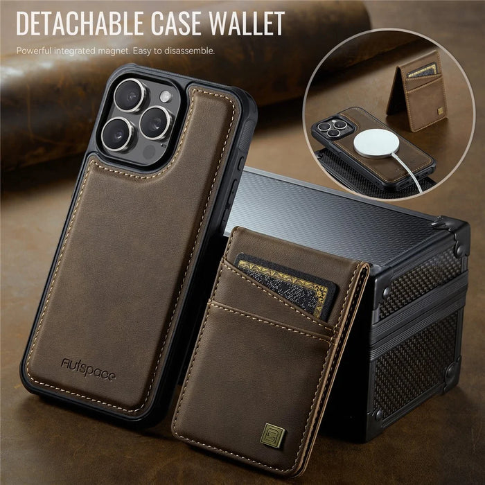 AUTSPACE For iPhone 15 Pro Case  A12 Leather Phone Case with Detachable Card Bag - Coffee - 4