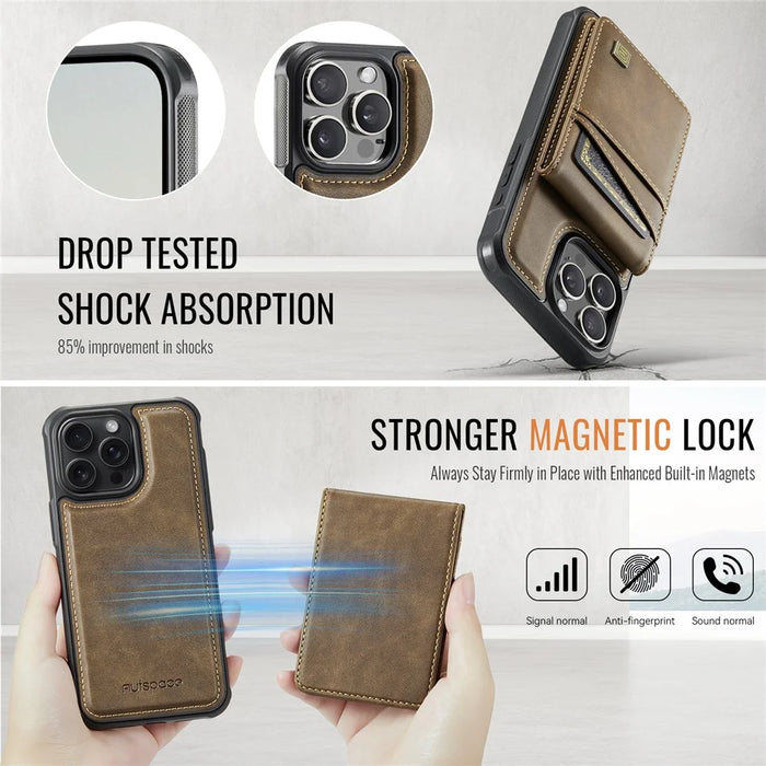 AUTSPACE For iPhone 15 Pro Case  A12 Leather Phone Case with Detachable Card Bag - Coffee - 6