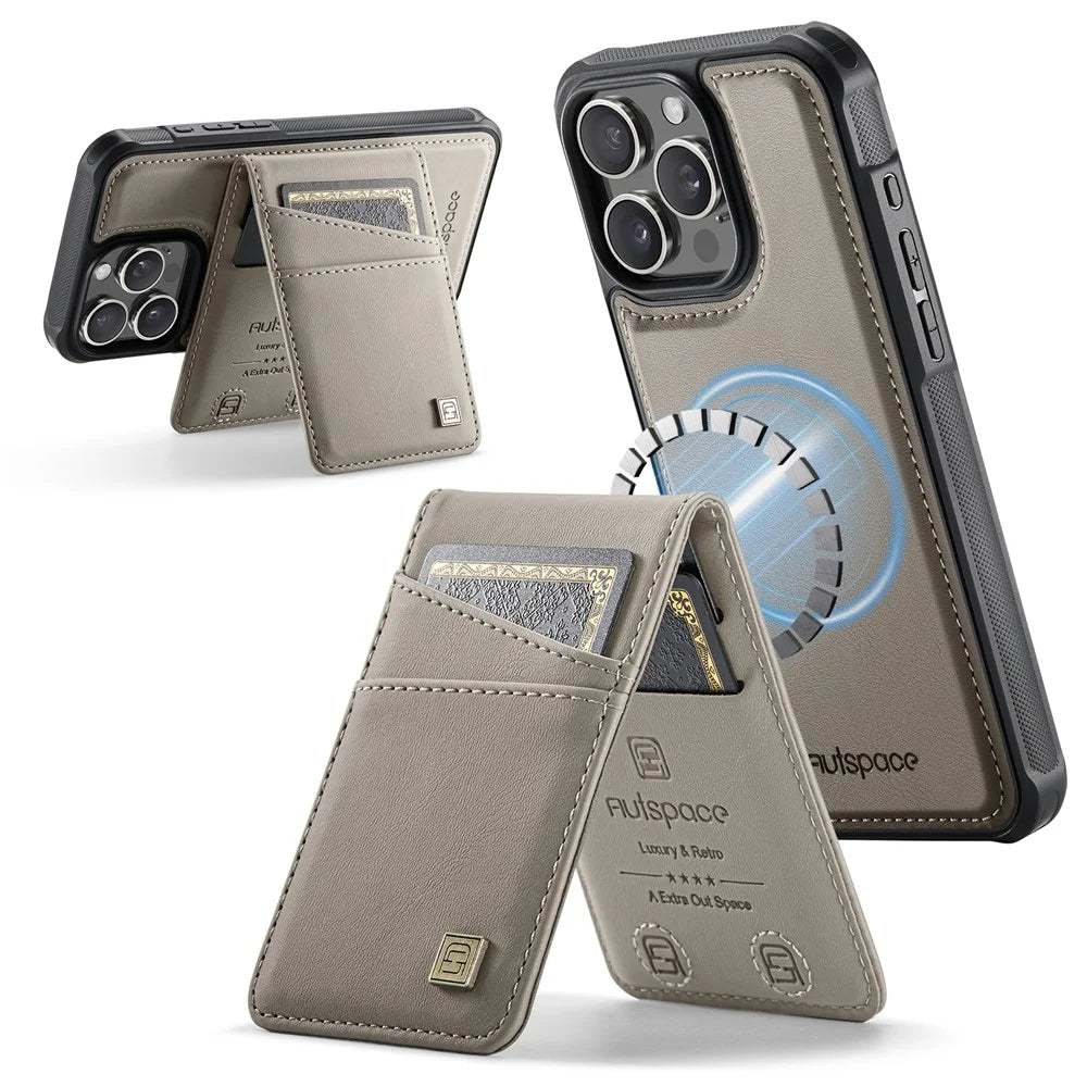 AUTSPACE For iPhone 15 Pro Max Case  A12 Leather Phone Case with Detachable Card Bag - Grey - 3