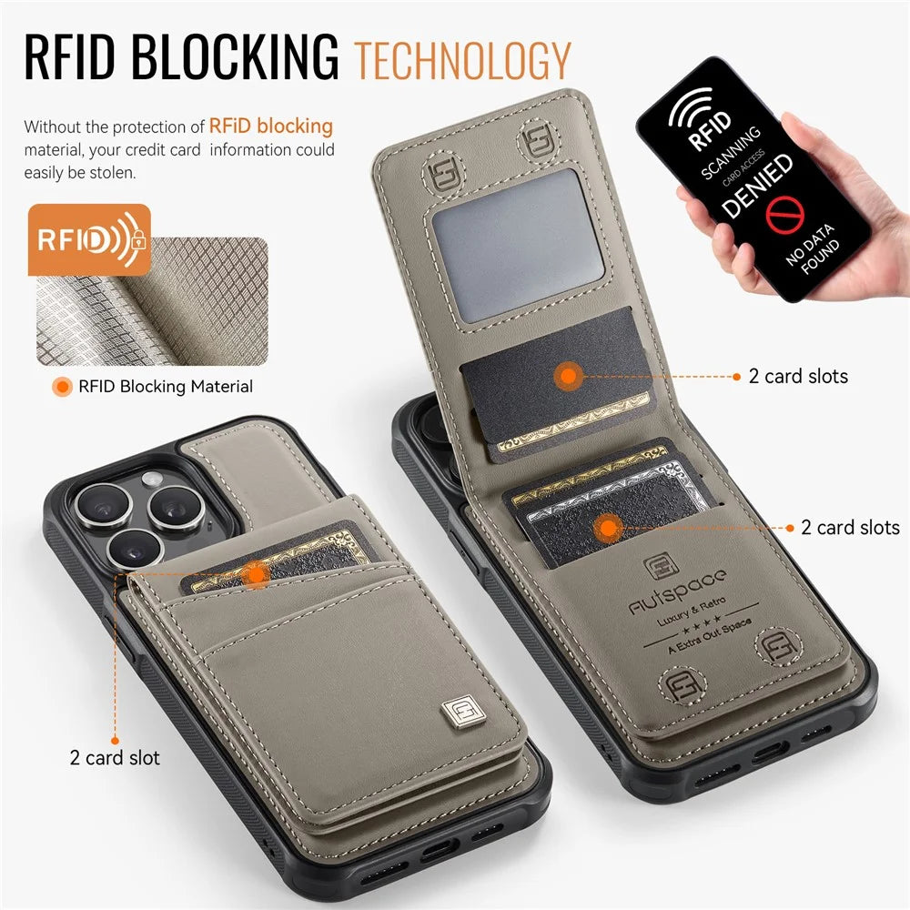 AUTSPACE For iPhone 15 Pro Max Case  A12 Leather Phone Case with Detachable Card Bag - Grey - 5