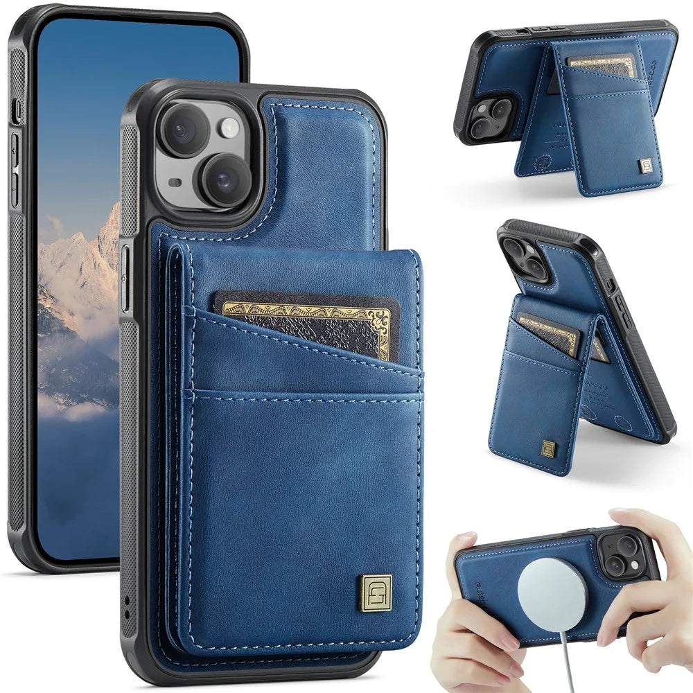AUTSPACE For iPhone 15 Case  A12 Leather Phone Case with Detachable Card Bag - Blue - 1