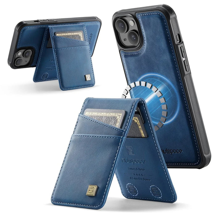 AUTSPACE For iPhone 15 Case  A12 Leather Phone Case with Detachable Card Bag - Blue - 3