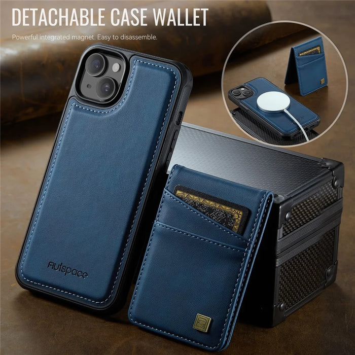 AUTSPACE For iPhone 15 Case  A12 Leather Phone Case with Detachable Card Bag - Blue - 4