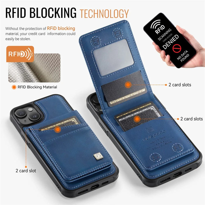 AUTSPACE For iPhone 15 Case  A12 Leather Phone Case with Detachable Card Bag - Blue - 5