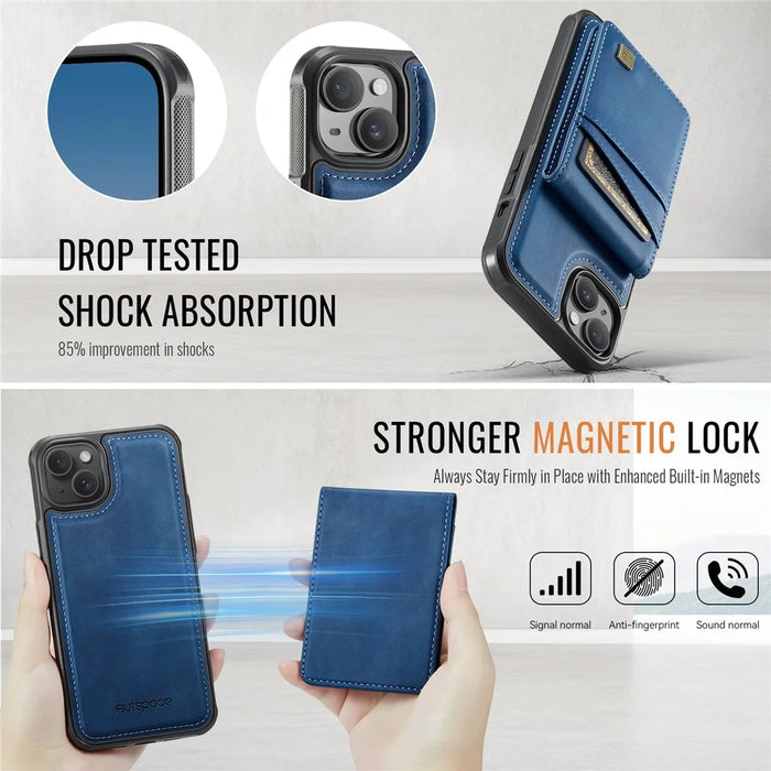 AUTSPACE For iPhone 15 Case  A12 Leather Phone Case with Detachable Card Bag - Blue - 6