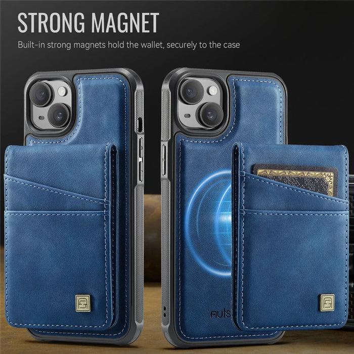 AUTSPACE For iPhone 15 Case  A12 Leather Phone Case with Detachable Card Bag - Blue - 7