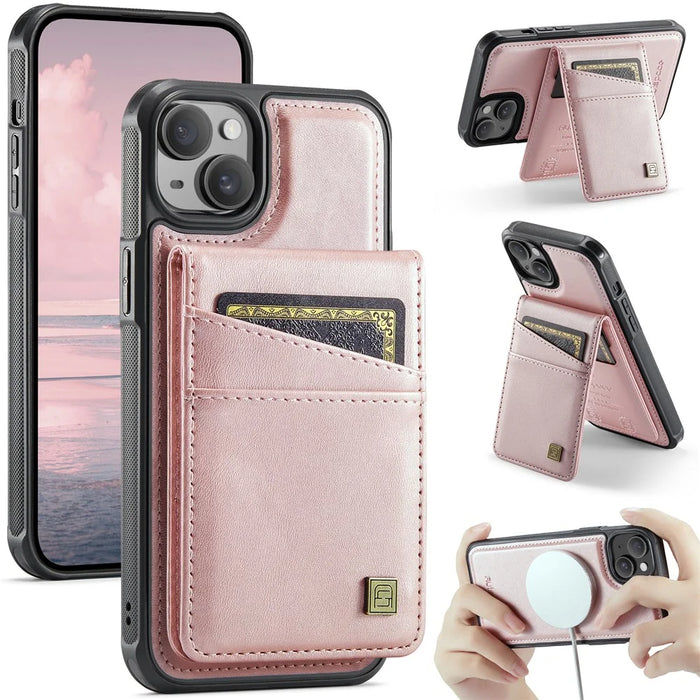 AUTSPACE For iPhone 15 Plus Case  A12 Leather Phone Case with Detachable Card Bag - Rose Gold - 1