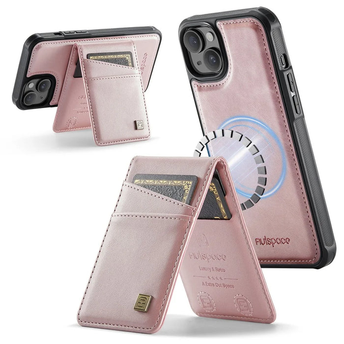 AUTSPACE For iPhone 15 Plus Case  A12 Leather Phone Case with Detachable Card Bag - Rose Gold - 3