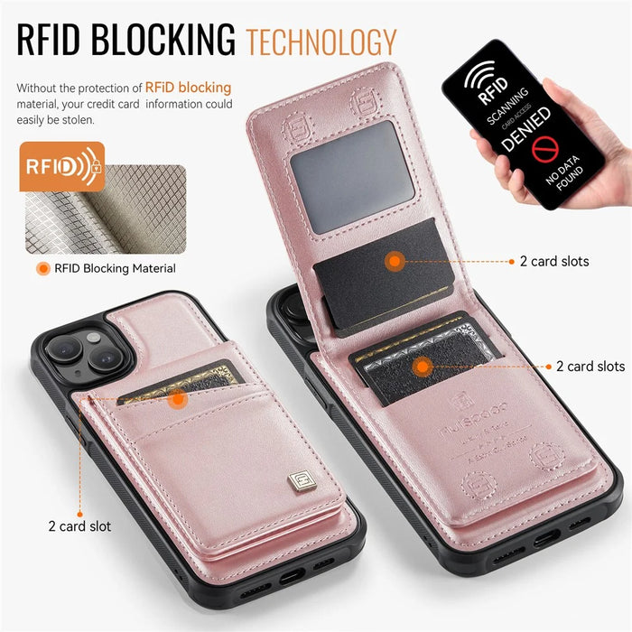 AUTSPACE For iPhone 15 Plus Case  A12 Leather Phone Case with Detachable Card Bag - Rose Gold - 5