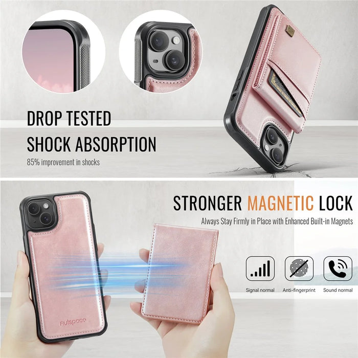 AUTSPACE For iPhone 15 Plus Case  A12 Leather Phone Case with Detachable Card Bag - Rose Gold - 6
