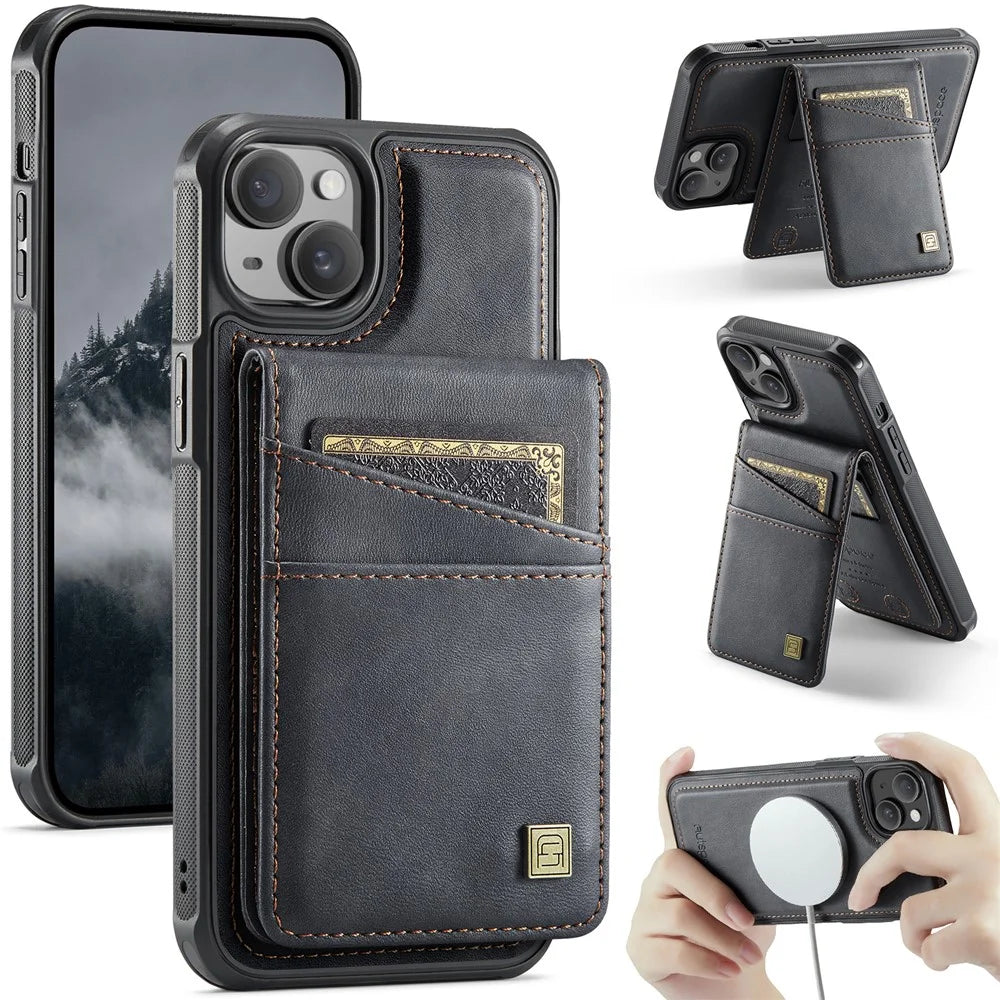 AUTSPACE For iPhone 14 Case  A12 Leather Phone Case with Detachable Card Bag - Black - 1