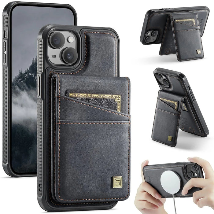 AUTSPACE For iPhone 14 Case  A12 Leather Phone Case with Detachable Card Bag - Black - 1