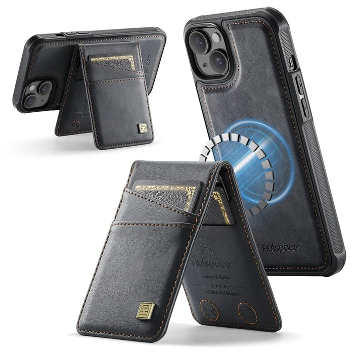 AUTSPACE For iPhone 14 Case  A12 Leather Phone Case with Detachable Card Bag - Black - 3