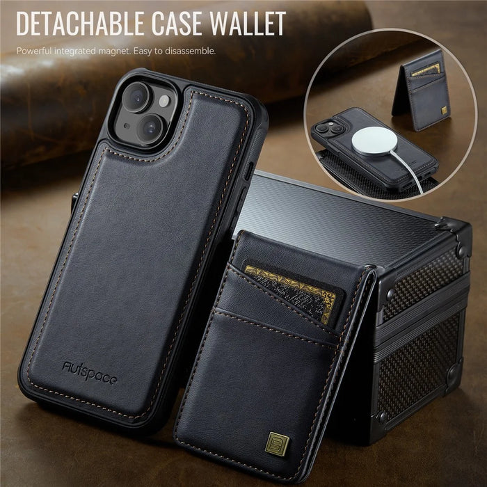 AUTSPACE For iPhone 14 Case  A12 Leather Phone Case with Detachable Card Bag - Black - 4