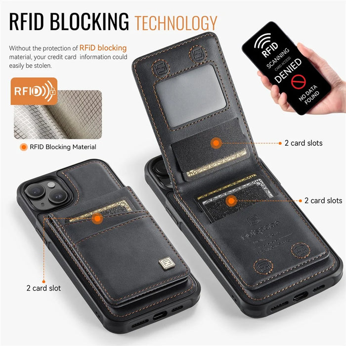 AUTSPACE For iPhone 14 Case  A12 Leather Phone Case with Detachable Card Bag - Black - 5