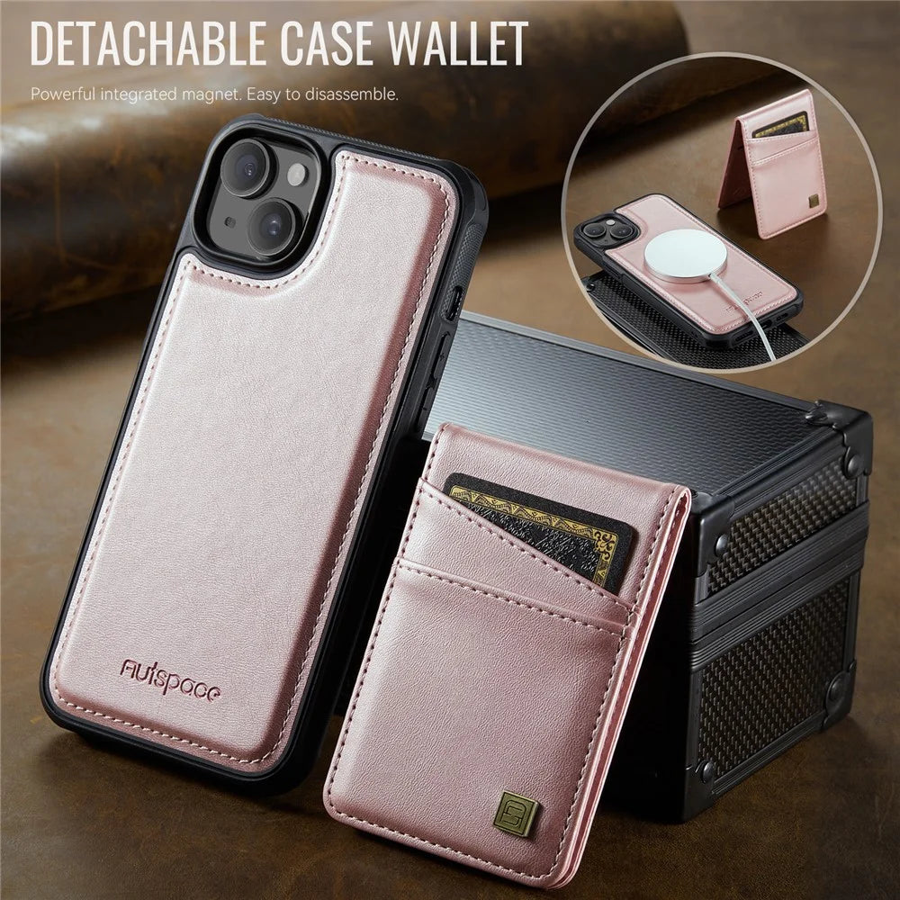 AUTSPACE For iPhone 14 Plus Case  A12 Leather Phone Case with Detachable Card Bag - Rose Gold - 4