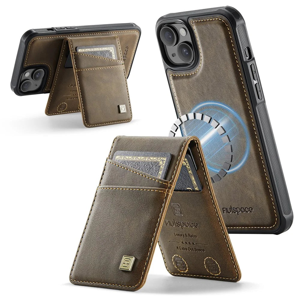 AUTSPACE For iPhone 13 6.1 inch Case  A12 Leather Phone Case with Detachable Card Bag - Coffee - 3