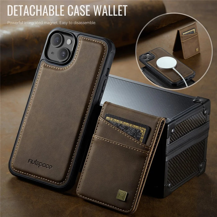 AUTSPACE For iPhone 13 6.1 inch Case  A12 Leather Phone Case with Detachable Card Bag - Coffee - 4
