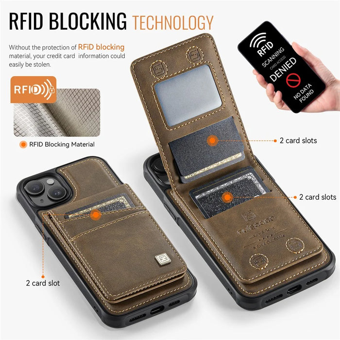 AUTSPACE For iPhone 13 6.1 inch Case  A12 Leather Phone Case with Detachable Card Bag - Coffee - 5