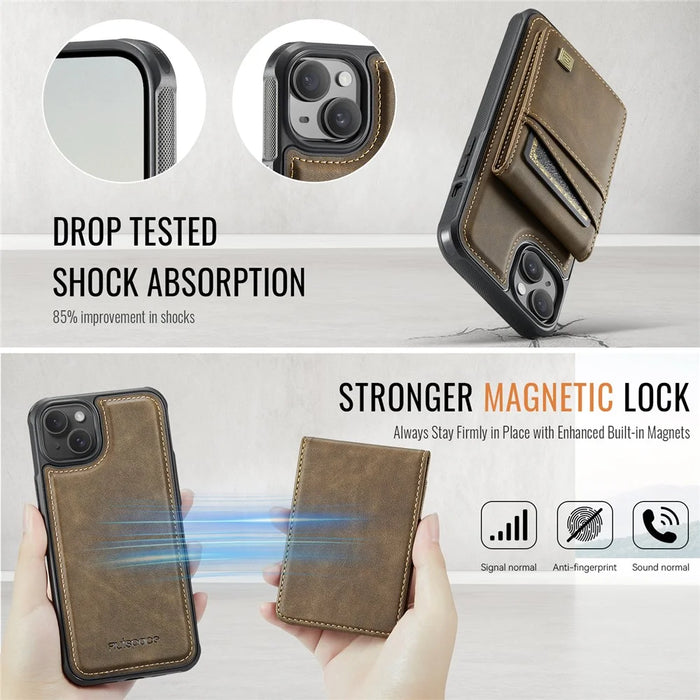 AUTSPACE For iPhone 13 6.1 inch Case  A12 Leather Phone Case with Detachable Card Bag - Coffee - 6