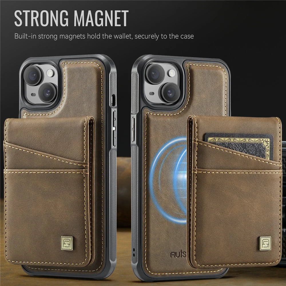 AUTSPACE For iPhone 13 6.1 inch Case  A12 Leather Phone Case with Detachable Card Bag - Coffee - 7
