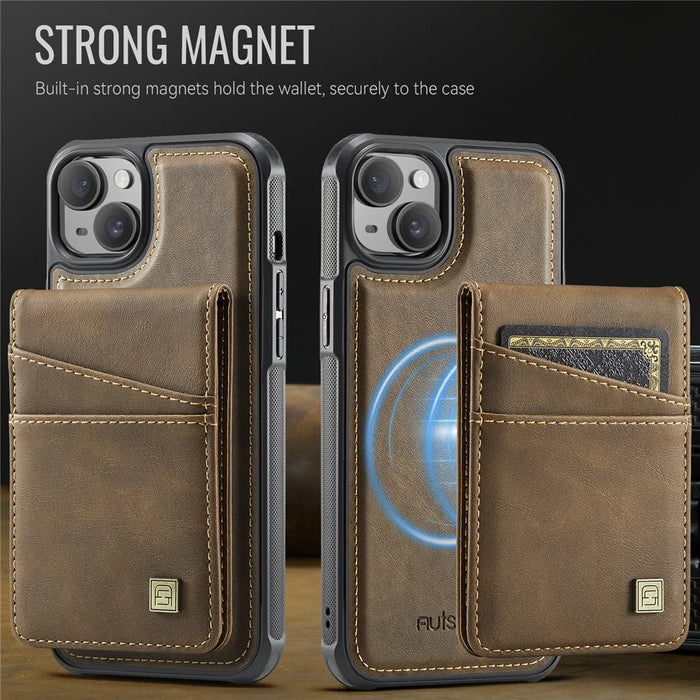 AUTSPACE For iPhone 13 6.1 inch Case  A12 Leather Phone Case with Detachable Card Bag - Coffee - 7
