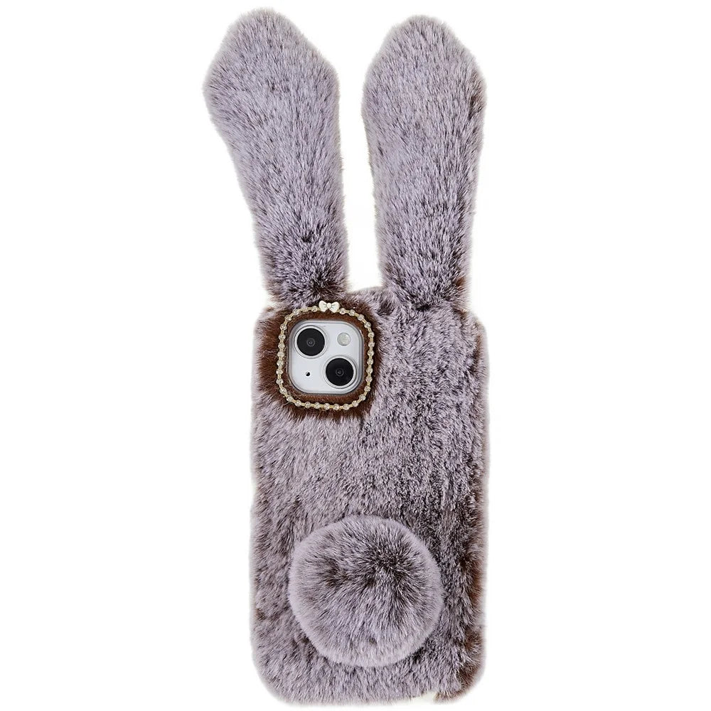 For iPhone 14 Cute 3D Bunny Ears Furry Winter Warm Case Collision Resistant TPU Protective Phone Cover with Glitter Rhinestone Bowknot - Brown - 1