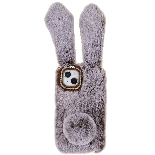 For iPhone 14 Cute 3D Bunny Ears Furry Winter Warm Case Collision Resistant TPU Protective Phone Cover with Glitter Rhinestone Bowknot - Brown - 1
