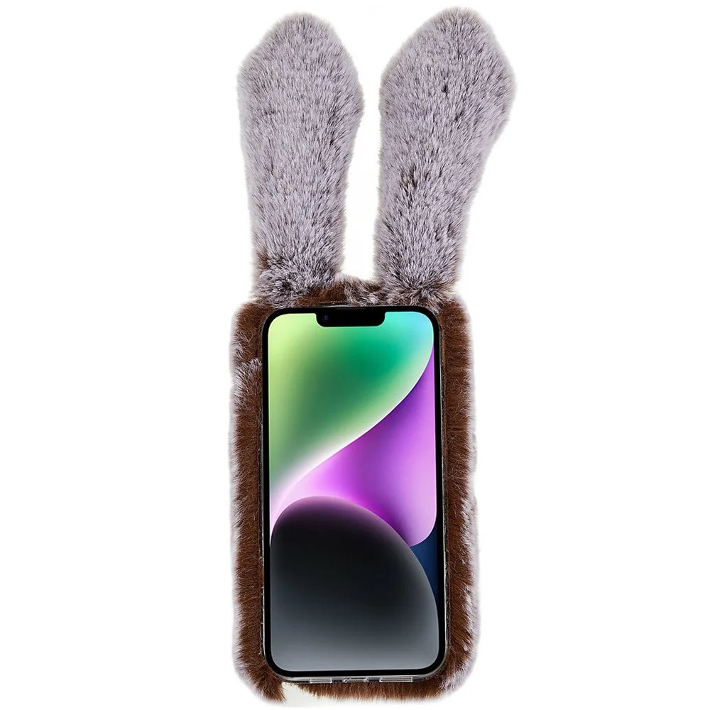 For iPhone 14 Cute 3D Bunny Ears Furry Winter Warm Case Collision Resistant TPU Protective Phone Cover with Glitter Rhinestone Bowknot - Brown - 2