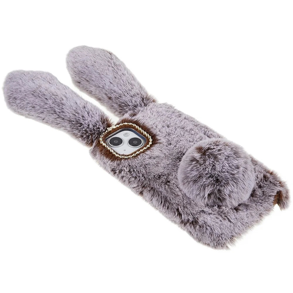 For iPhone 14 Cute 3D Bunny Ears Furry Winter Warm Case Collision Resistant TPU Protective Phone Cover with Glitter Rhinestone Bowknot - Brown - 3