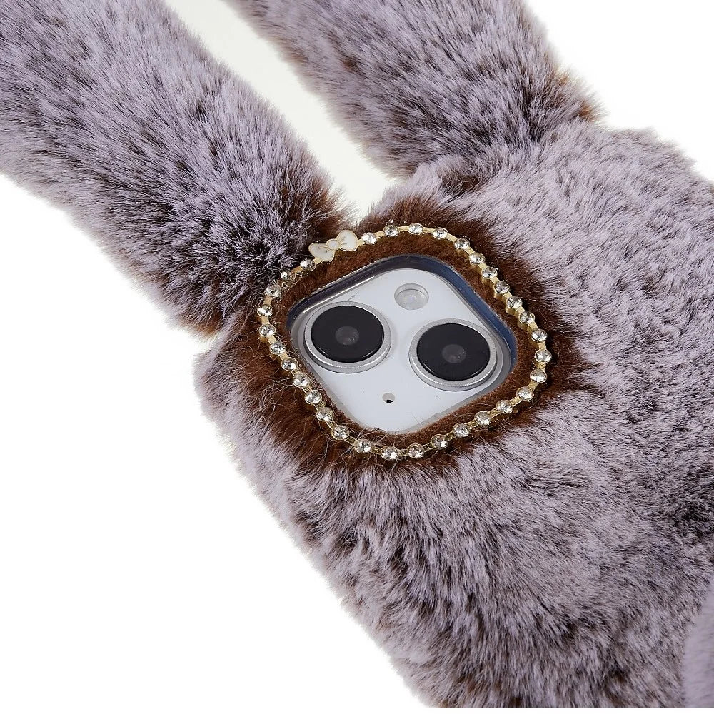 For iPhone 14 Cute 3D Bunny Ears Furry Winter Warm Case Collision Resistant TPU Protective Phone Cover with Glitter Rhinestone Bowknot - Brown - 4