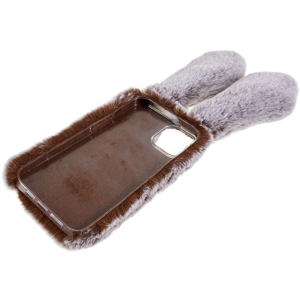 For iPhone 14 Cute 3D Bunny Ears Furry Winter Warm Case Collision Resistant TPU Protective Phone Cover with Glitter Rhinestone Bowknot - Brown - 6
