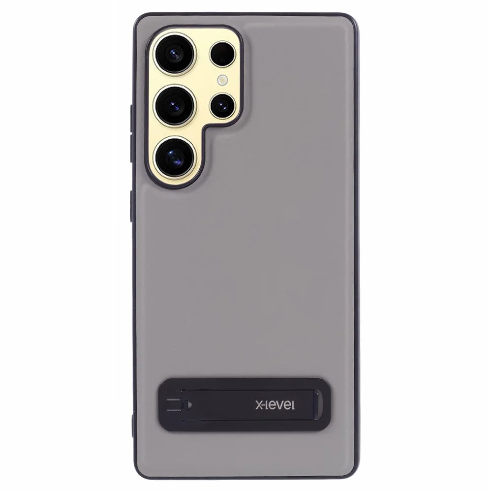 X-LEVEL For Samsung Galaxy S25 Ultra Phone Case Leather Coated PC TPU Back Cover with Metal Kickstand - Grey - 1