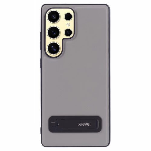 X-LEVEL For Samsung Galaxy S25 Ultra Phone Case Leather Coated PC TPU Back Cover with Metal Kickstand - Grey - 1