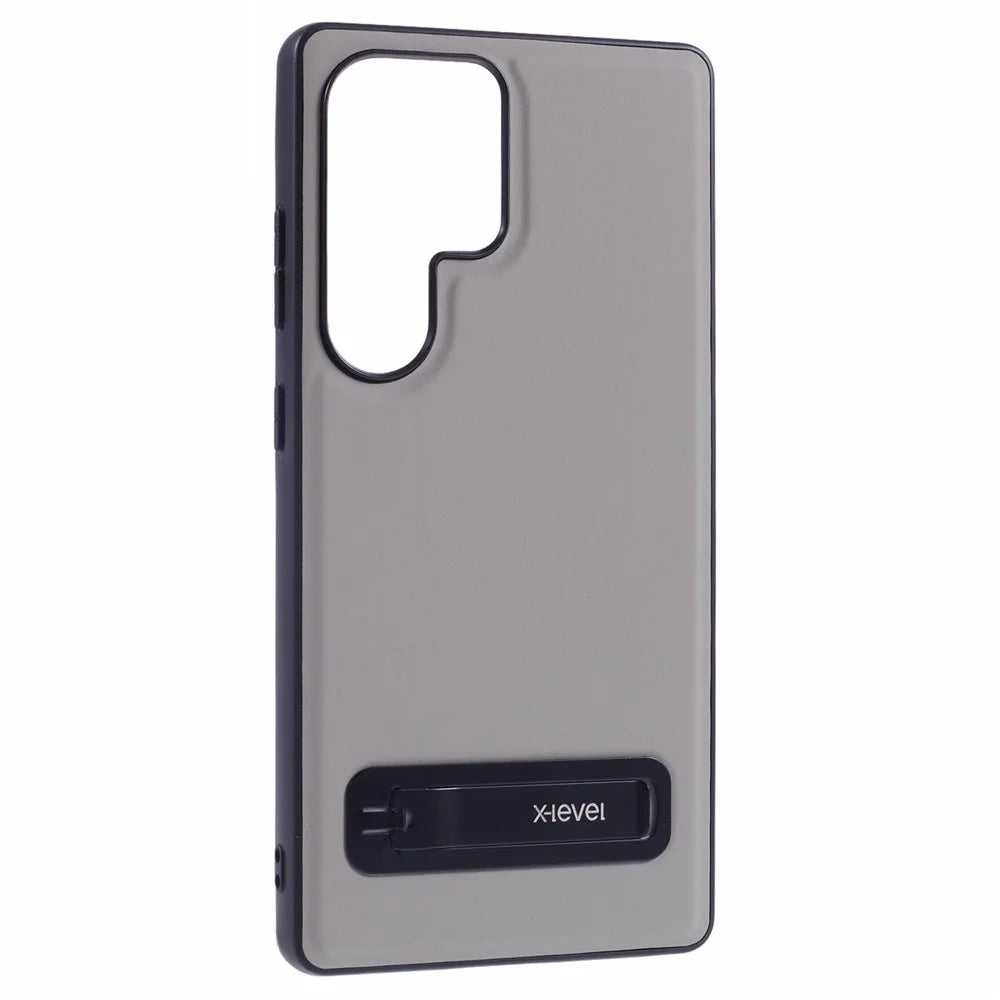 X-LEVEL For Samsung Galaxy S25 Ultra Phone Case Leather Coated PC TPU Back Cover with Metal Kickstand - Grey - 3