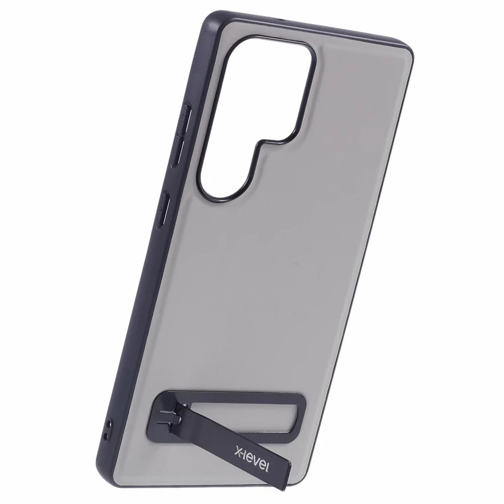 X-LEVEL For Samsung Galaxy S25 Ultra Phone Case Leather Coated PC TPU Back Cover with Metal Kickstand - Grey - 4