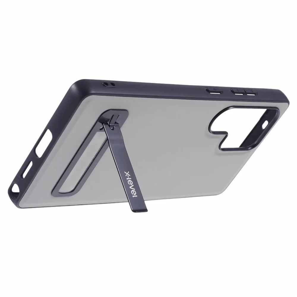 X-LEVEL For Samsung Galaxy S25 Ultra Phone Case Leather Coated PC TPU Back Cover with Metal Kickstand - Grey - 5