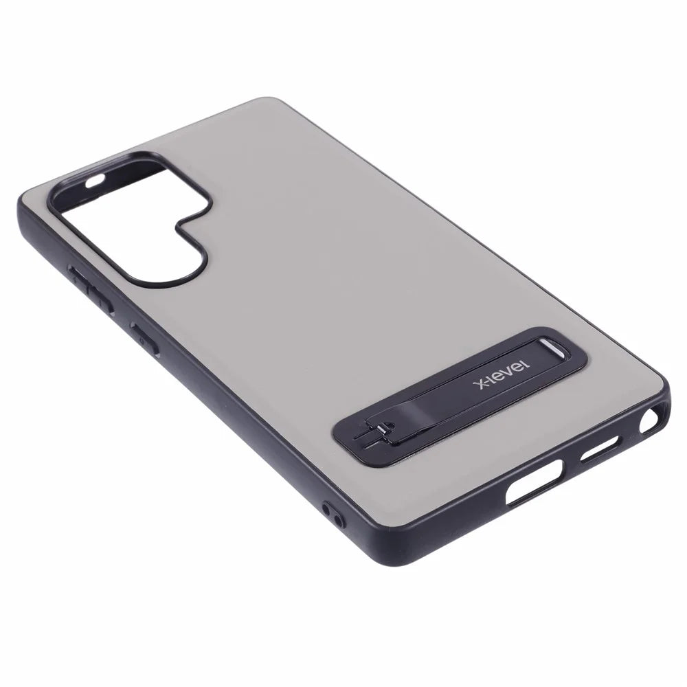 X-LEVEL For Samsung Galaxy S25 Ultra Phone Case Leather Coated PC TPU Back Cover with Metal Kickstand - Grey - 6