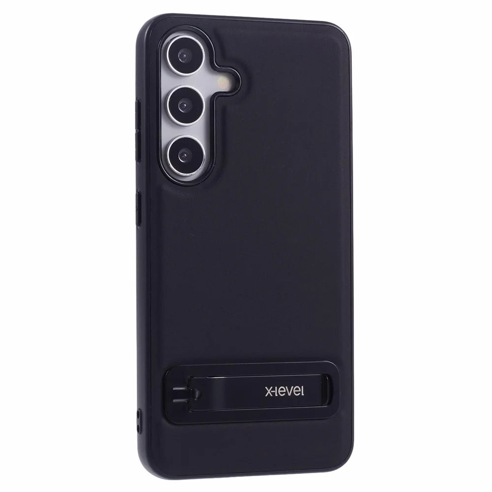 X-LEVEL For Samsung Galaxy S25 Phone Case Leather Coated PC TPU Back Cover with Metal Kickstand - Black - 1