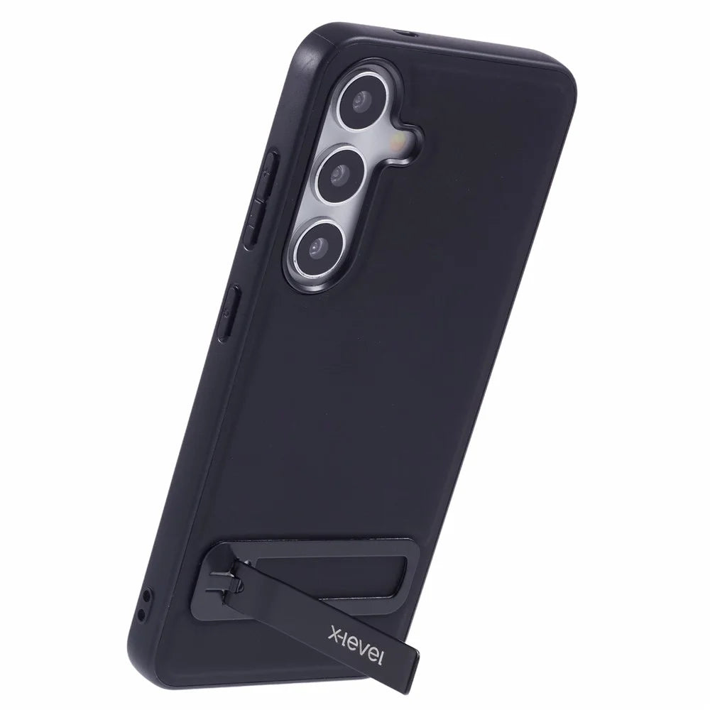 X-LEVEL For Samsung Galaxy S25 Phone Case Leather Coated PC TPU Back Cover with Metal Kickstand - Black - 4
